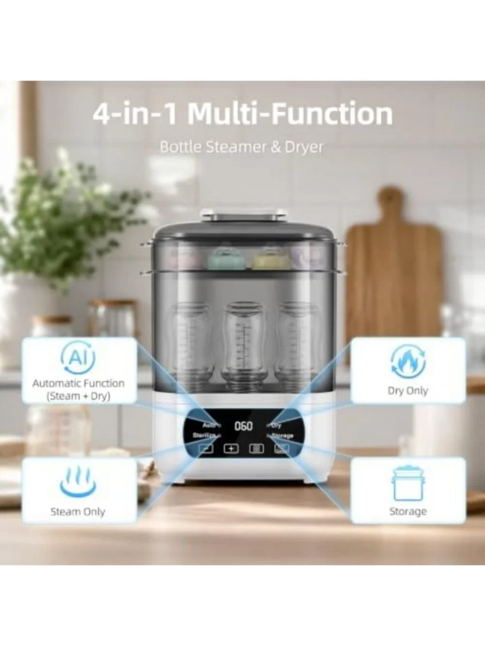 4-in-1 Electric Baby Bottle Steamer & Dryer, LED Touch Screen, Auto Shut-Off